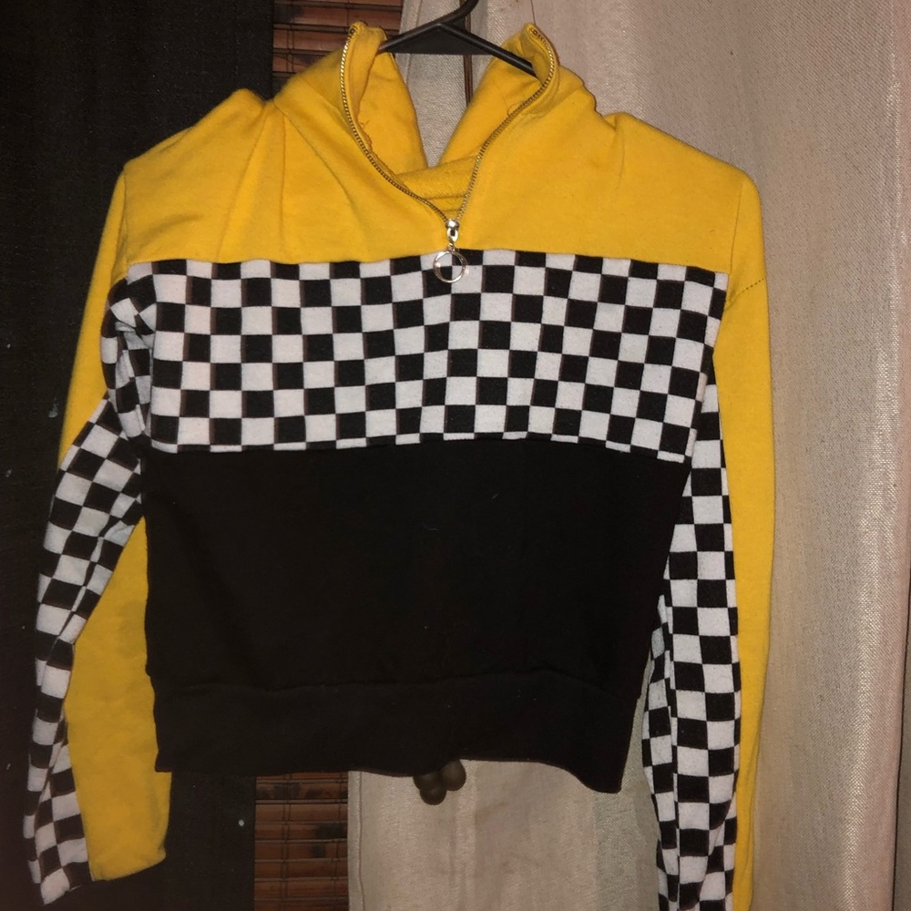Yellow Checkered crop top half zip jacket
